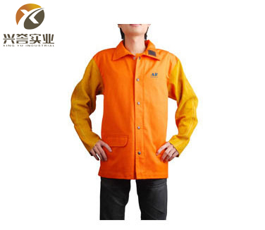 AP2630橙色阻燃布配金黄皮袖焊服